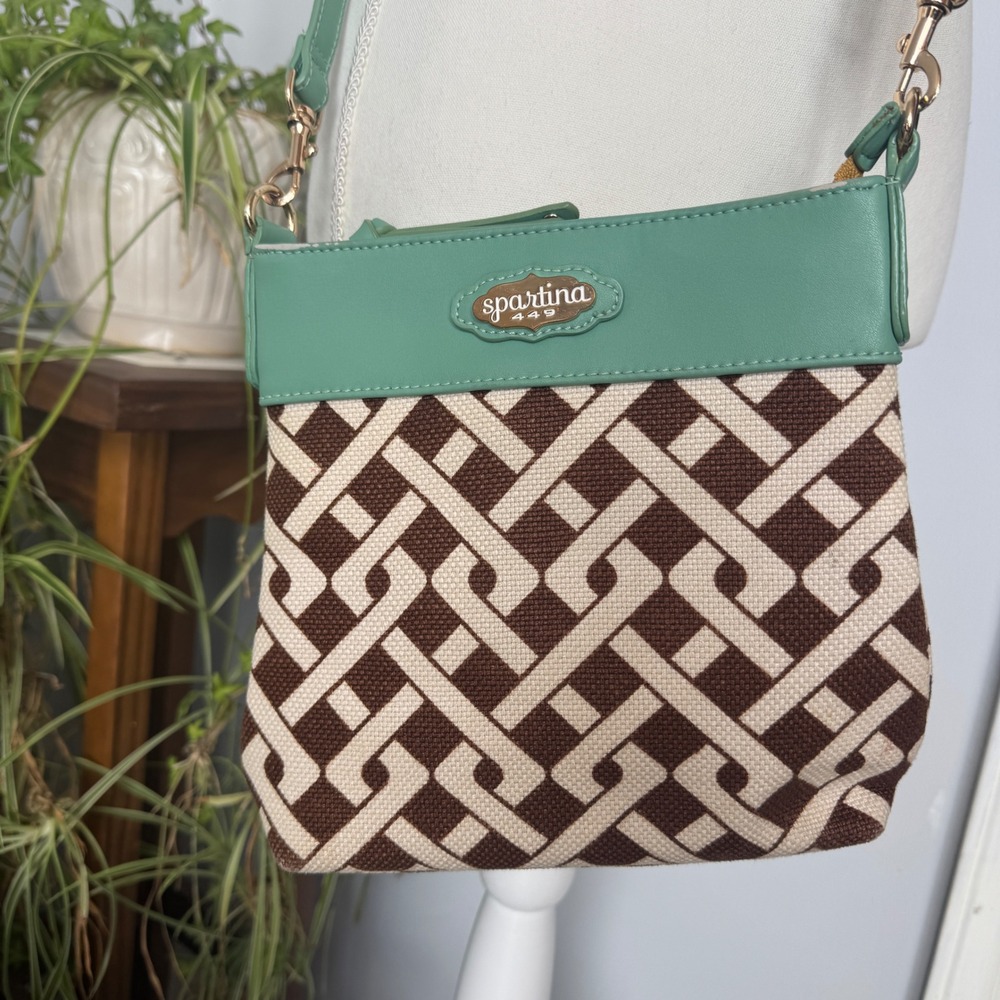 Spartina 449 Daufuskie Island Crossbody Bag Seafoam Green Geometric Linen Canvas - Picture 2 of 9